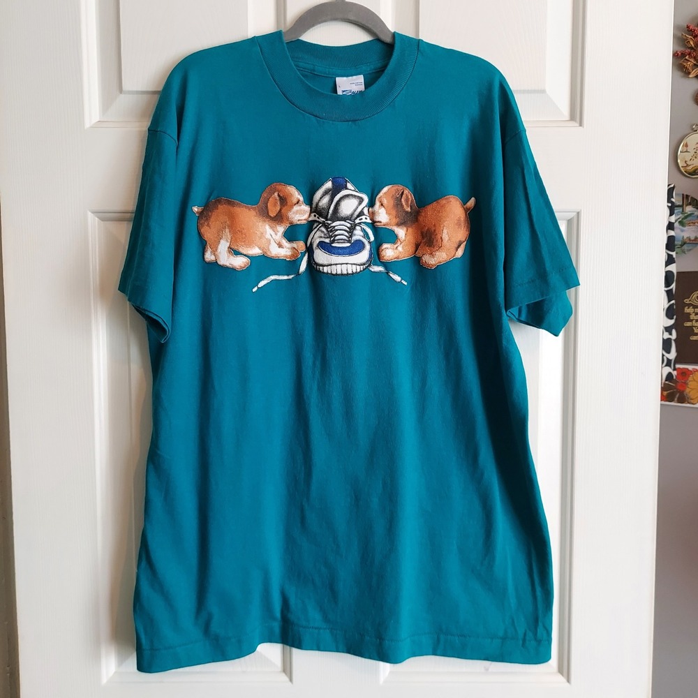 Vintage Salem Sportswear Puppies Sneaker T-Shirt Teal Blue Single Stitch Large